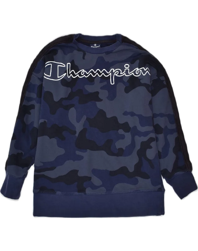 men's zip-up hoodies -CHAMPION Boys Graphic Sweatshirt Jumper 9-10 Years Medium Blue Camouflage