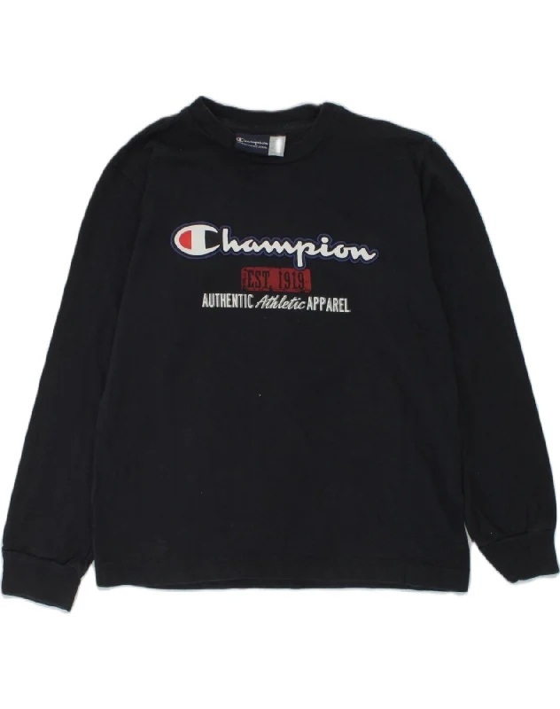 men's hoodie for hiking -CHAMPION Boys Graphic Sweatshirt Jumper 9-10 Years Medium Navy Blue Cotton