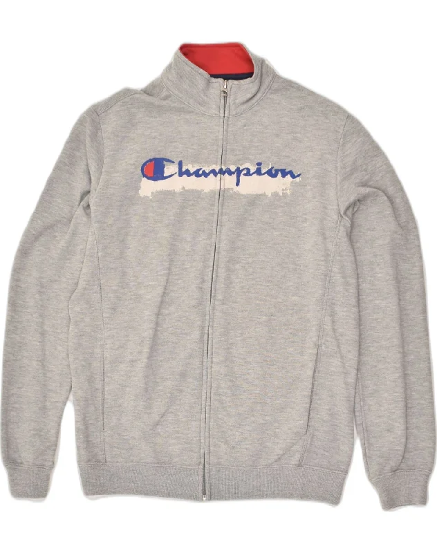 men's zip-up fleece jackets -CHAMPION Boys Graphic Tracksuit Top Jacket 13-14 Years XL Grey Cotton