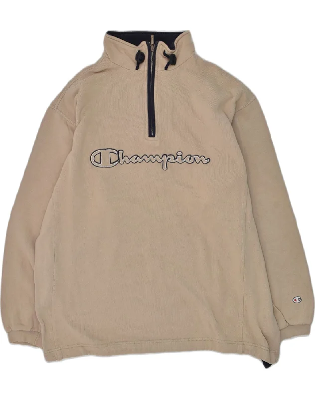 men's hoodies with logos -CHAMPION Boys Graphic Zip Neck Sweatshirt Jumper 13-14 Years Brown Cotton