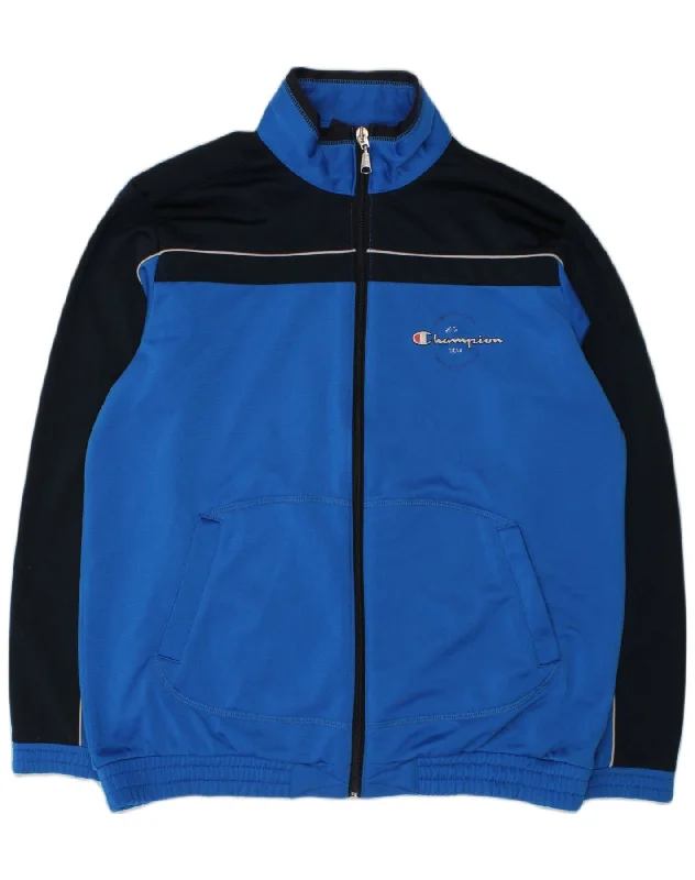 men's zip-up hooded jackets -CHAMPION Boys Tracksuit Top Jacket 11-12 Years Large Blue Colourblock