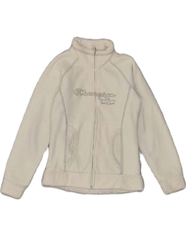 men's stylish leather bomber jackets -CHAMPION Girls Graphic Fleece Jacket 11-12 Years Large  Off White