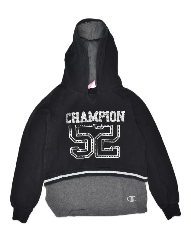 men's eco-friendly hoodies -CHAMPION Girls Graphic Hoodie Jumper 11-12 Years Large Black Colourblock