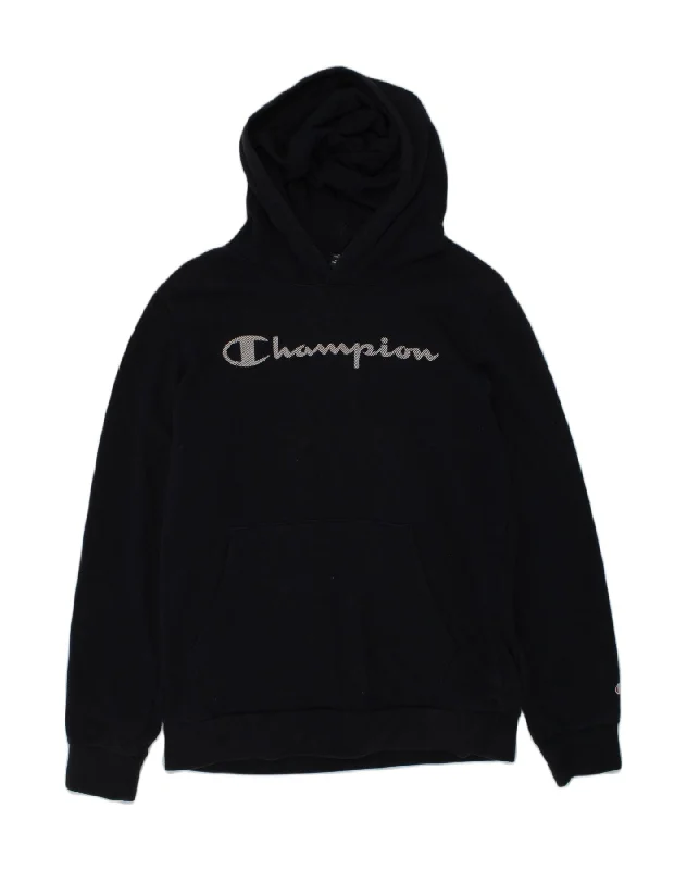 men's workout sweatshirts -CHAMPION Girls Graphic Hoodie Jumper 13-14 Years XL Black Cotton