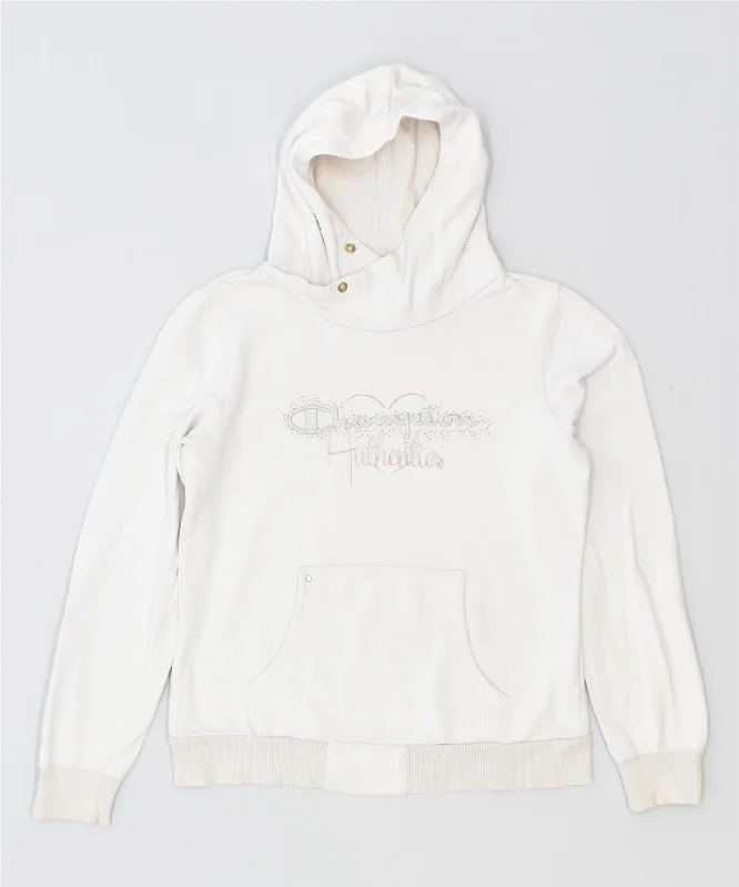 men's fleece zip-up hoodies -CHAMPION Girls Graphic Hoodie Jumper 13-14 Years XL Off White Cotton