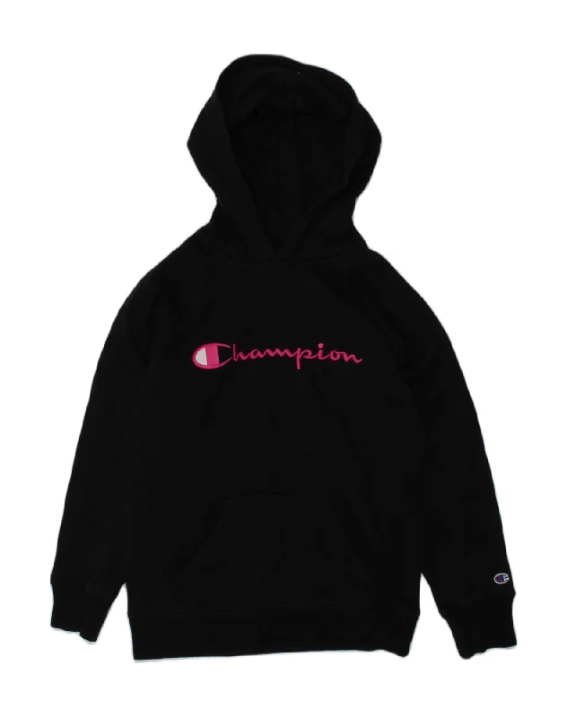 men's cozy fleece sweatshirts -CHAMPION Girls Graphic Hoodie Jumper 9-10 Years M Black Cotton