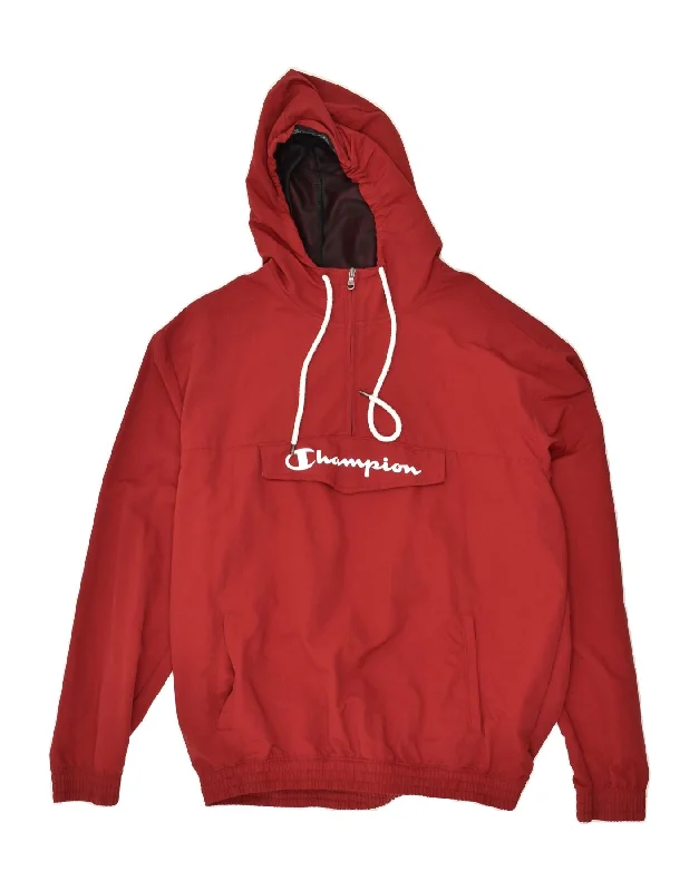 men's denim jackets -CHAMPION Mens Graphic Hooded Anorak Jacket UK 40 Large Red Polyamide