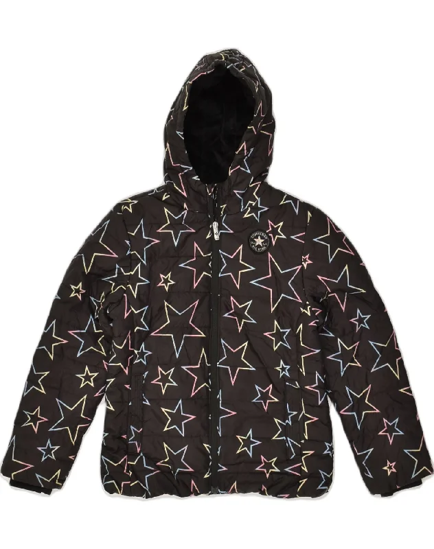 men's wind-resistant jackets -CONVERSE Girls Crazy Pattern Hooded Padded Jacket 12-13 Years Large Black