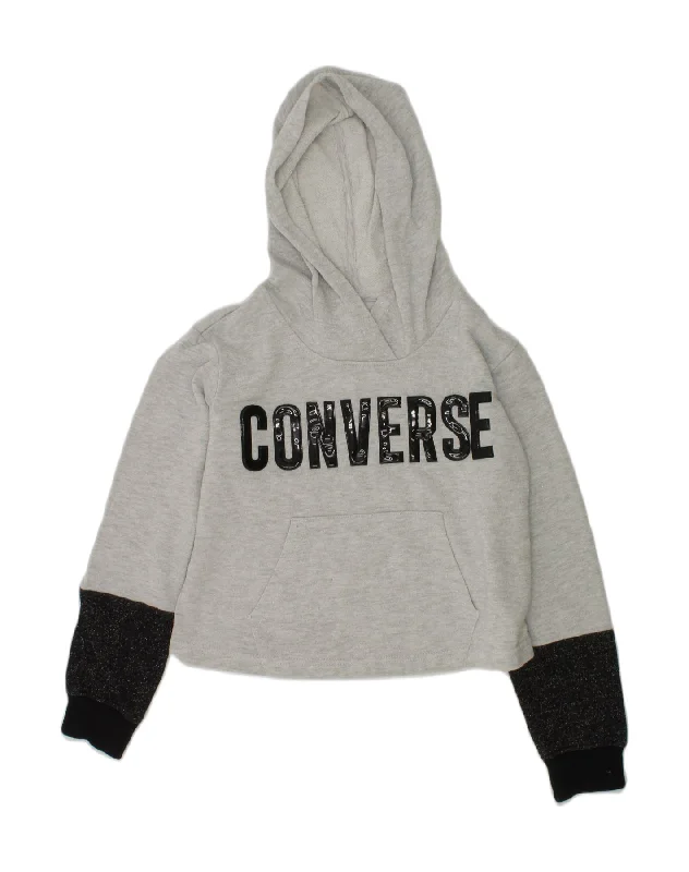 men's casual sweatshirts -CONVERSE Girls Crop Graphic Hoodie Jumper 8-9 Years Small  Grey