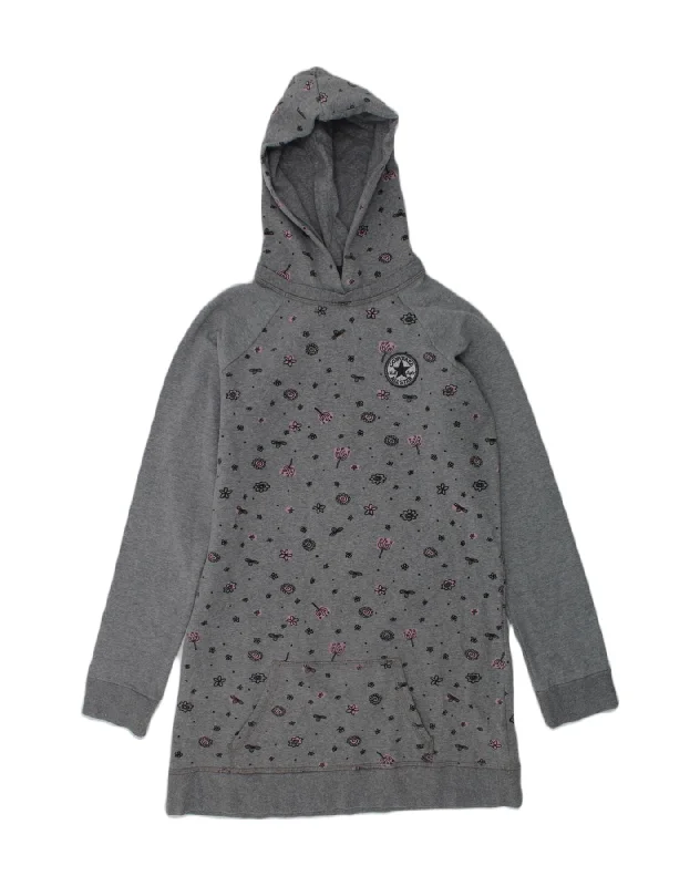 men's casual zip-up hoodies -CONVERSE Girls Hooded Sweatshirt Jumper Dress 14-15 Years Grey Floral