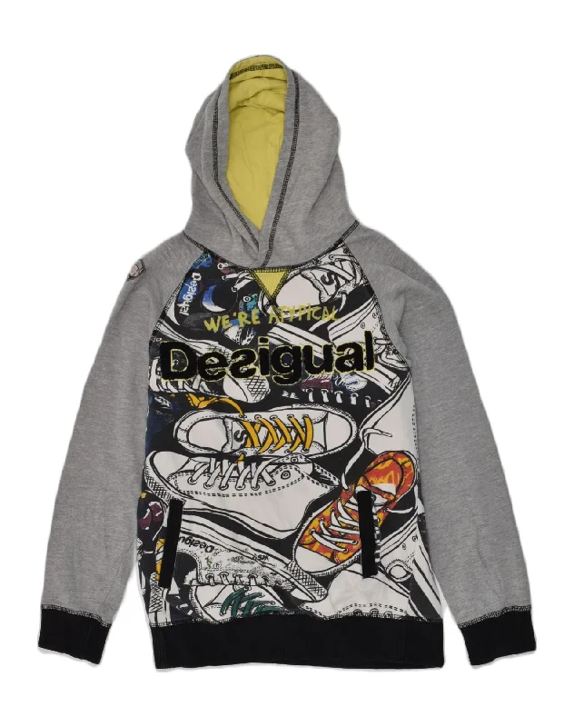 men's pullover sweatshirts -DESIGUAL Boys Crazy Pattern Hoodie Jumper 11-12 Years Grey Cotton