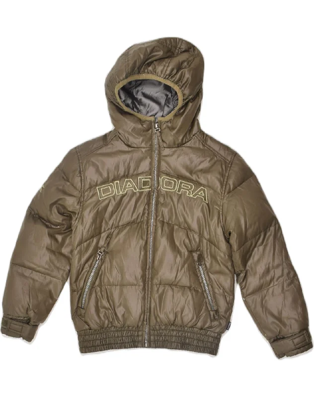 men's insulated winter jackets -DIADORA Boys Graphic Hooded Padded Jacket 8-9 Years Medium Khaki Polyester