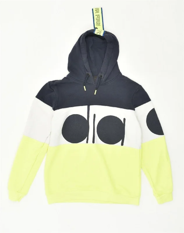 men's hoodie for running -DIADORA Boys Graphic Hoodie Jumper 13-14 Years Yellow Colourblock Cotton