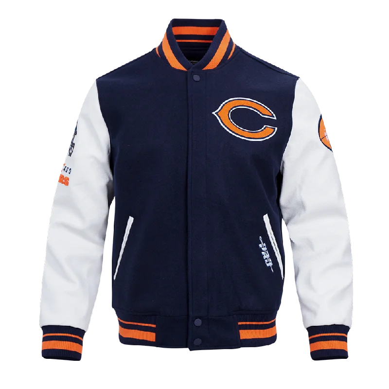 men's windbreaker jackets -NFL CHICAGO BEARS OLD ENGLISH MEN'S RIB WOOL VARSITY JACKET (MIDNIGHT NAVY/ORANGE/MIDNIGHT NAVY)