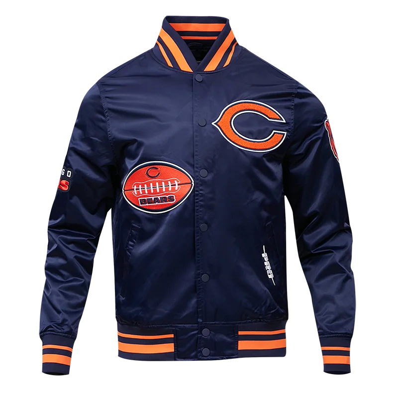 men's trench jackets for winter -NFL CHICAGO BEARS OLD ENGLISH MEN'S SATIN JACKET (MIDNIGHT NAVY /ORANGE)