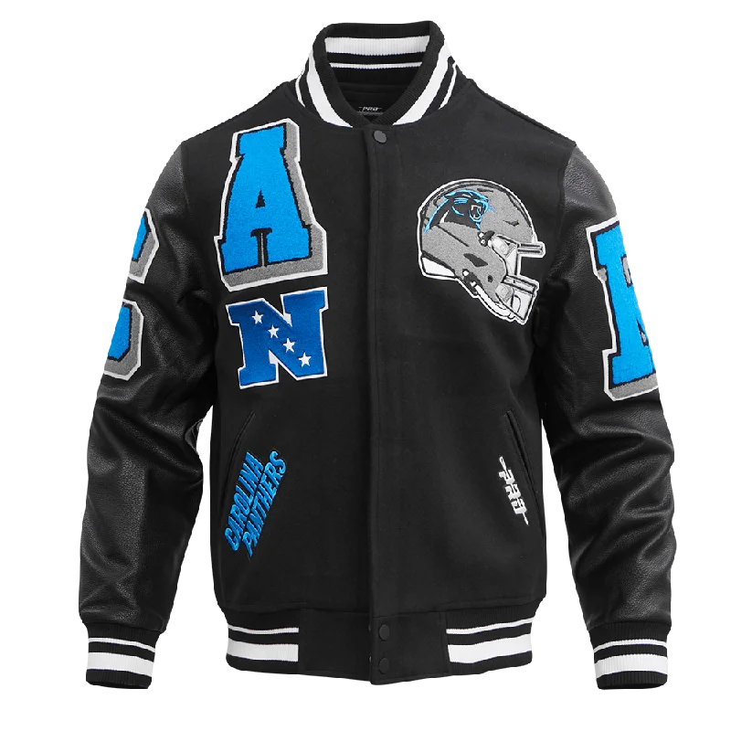 men's outerwear jackets for hiking -NFL CAROLINA PANTHERS MASHUP MEN'S RIB WOOL VARSITY JACKET (BLACK)