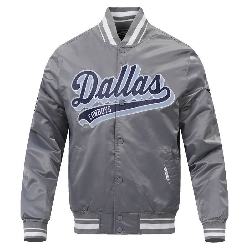 men's rain-resistant jackets -NFL DALLAS COWBOYS SCRIPT TAIL MEN'S SATIN JACKET (GRAY)