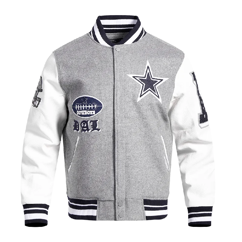 men's stylish leather bomber jackets -NFL DALLAS COWBOYS OLD ENGLISH MEN'S RIB WOOL VARSITY JACKET (HEATHER GREY/WHITE/MIDNIGHT NAVY)