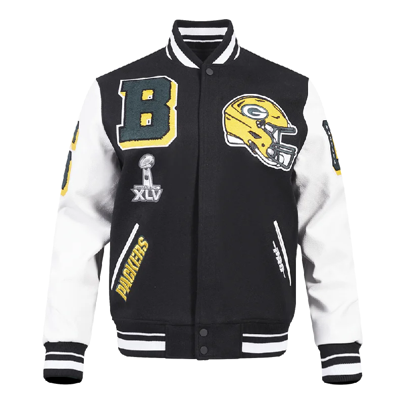 men's slim-fit jackets -NFL GREEN BAY PACKERS MASHUP MEN'S RIB WOOL VARSITY JACKET (BLACK/WHITE)