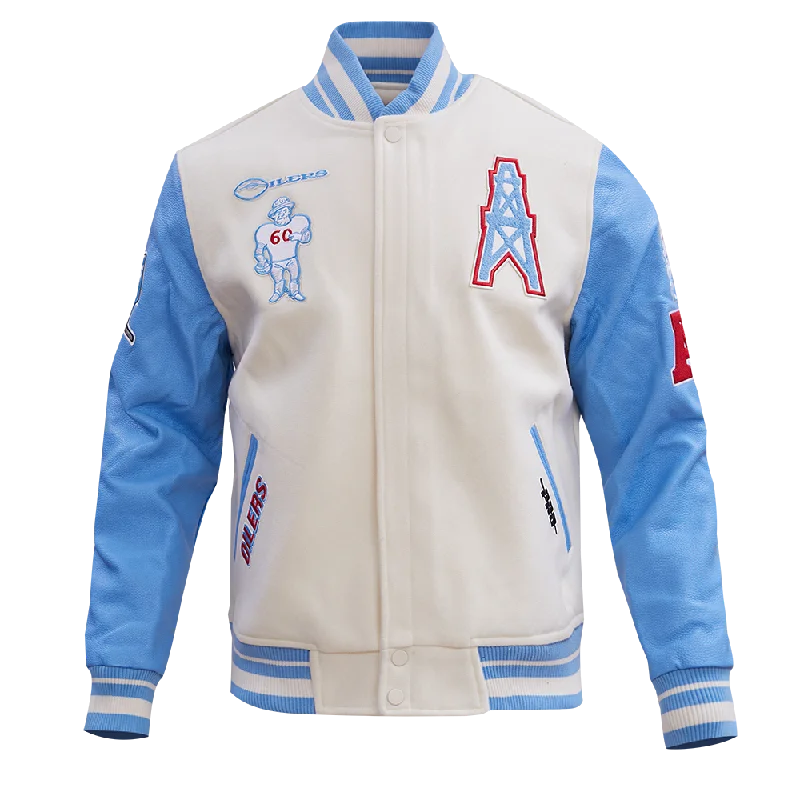 men's stylish denim jackets -NFL HOUSTON OILERS RETRO CLASSIC MEN'S RIB WOOL VARSITY JACKET (EGGSHELL/ UNIVERSITY BLUE)