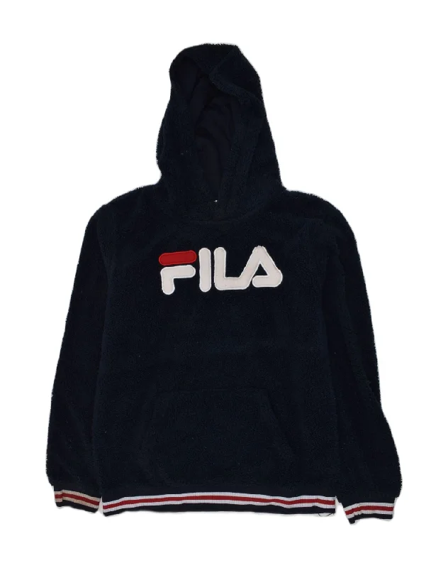 men's graphic print hoodies -FILA Boys Graphic Fleece Hoodie Jumper 15-16 Years 2XL Navy Blue Polyester