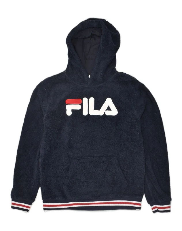 men's soft cotton hoodies -FILA Boys Graphic Fleece Hoodie Jumper 15-16 Years 2XL Navy Blue Polyester