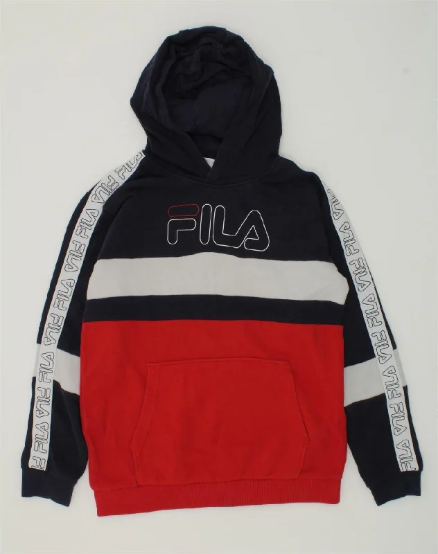 men's hoodie with high collar -FILA Boys Graphic Hoodie Jumper 11-12 Years Navy Blue Colourblock Cotton