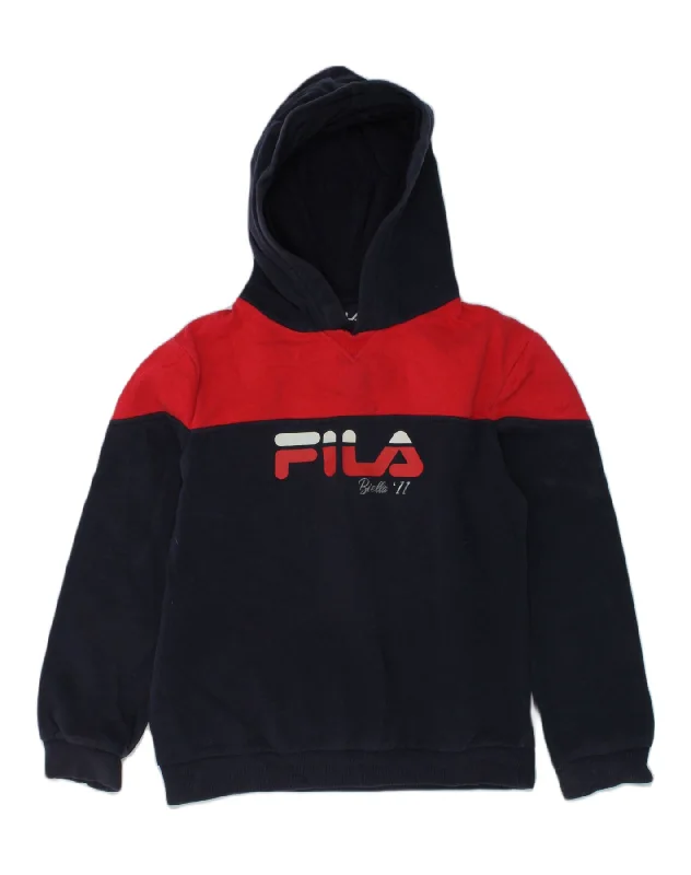 men's hoodie with designs -FILA Boys Graphic Hoodie Jumper 9-10 Years Navy Blue Colourblock Cotton