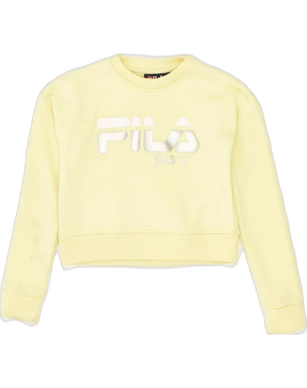 men's stylish fleece hoodies -FILA Girls Graphic Crop Sweatshirt Jumper 9-10 Years Yellow Cotton