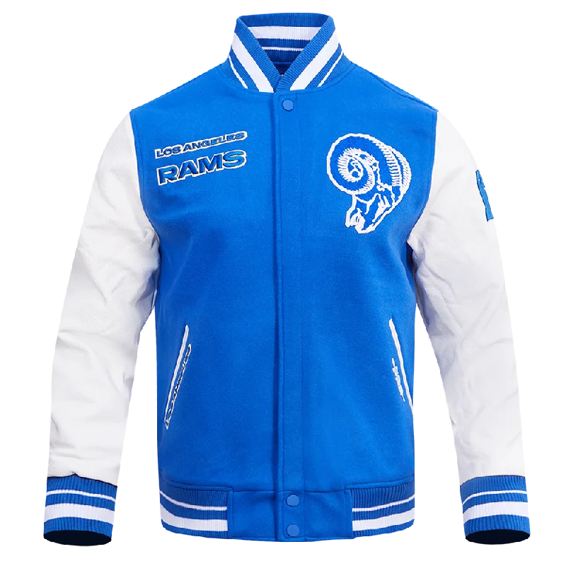 men's waterproof puffer jackets -NFL LOS ANGELES RAMS RETRO CLASSIC MEN'S RIB WOOL VARSITY JACKET (ROYAL BLUE/WHITE)