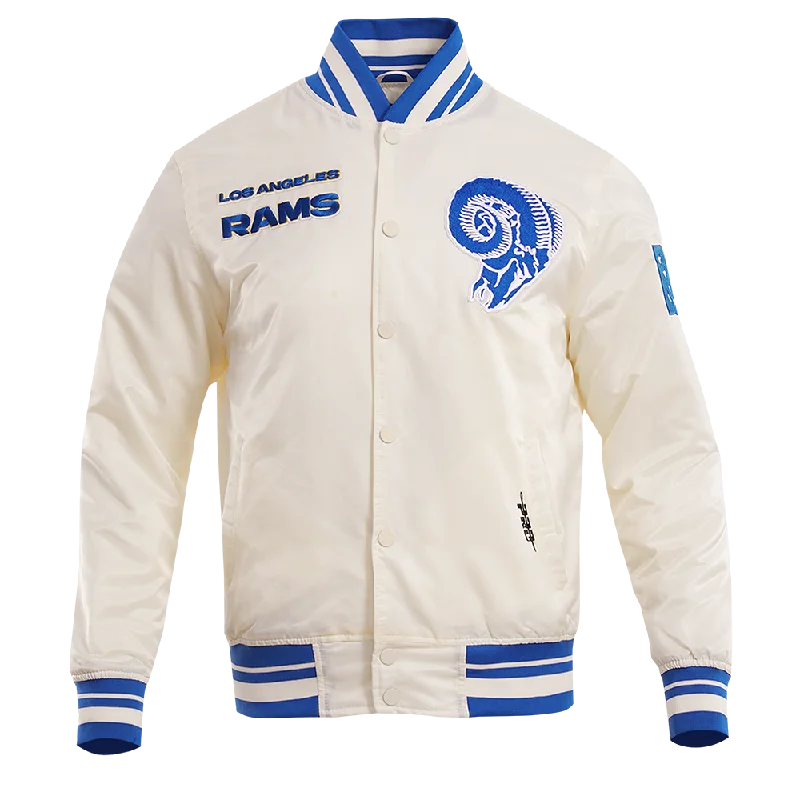 men's parka jackets for cold weather -NFL LOS ANGELES RAMS RETRO CLASSIC MEN'S RIB SATIN JACKET (EGGSHELL/ ROYAL BLUE)