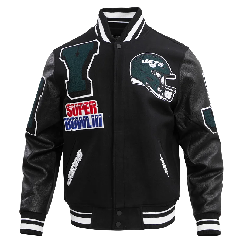 men's heavy-duty jackets for winter -NFL NEW YORK JETS MASHUP MEN'S RIB WOOL VARSITY JACKET (BLACK)