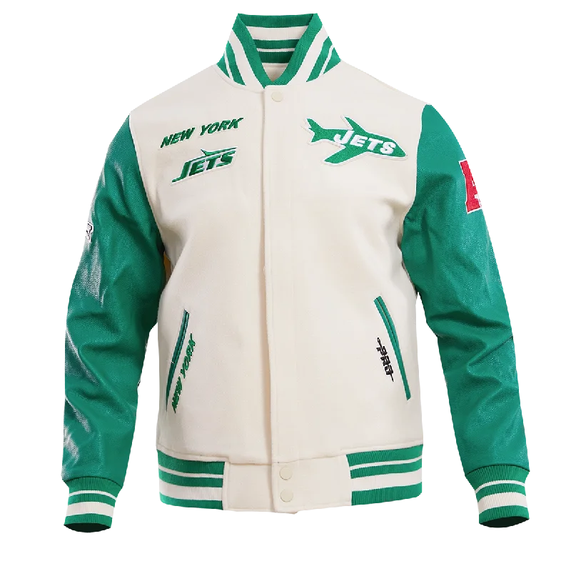 men's slim-fit jackets -NFL NEW YORK JETS RETRO CLASSIC MEN'S RIB WOOL VARSITY JACKET (EGGSHELL/ KELLY GREEN)