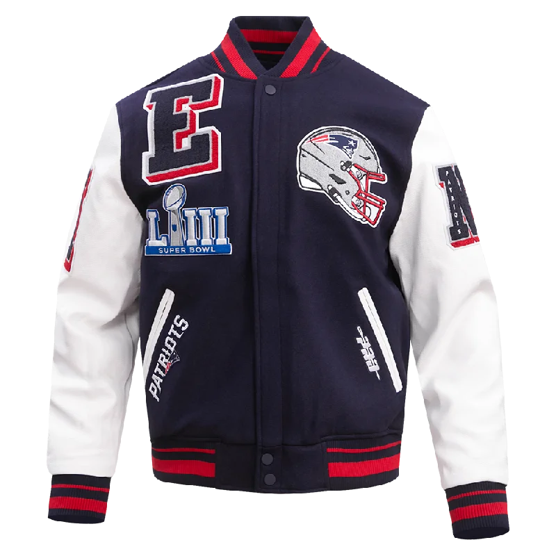 men's warm and insulated jackets -NFL NEW ENGLAND PATRIOTS MASHUP MEN'S RIB WOOL VARSITY JACKET (MIDNIGHT NAVY/RED/MIDNIGHT NAVY)