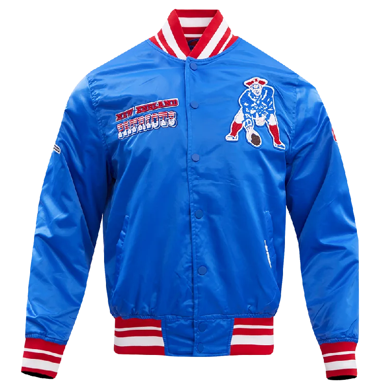 men's wind-resistant jackets -NFL NEW ENGLAND PATRIOTS RETRO CLASSIC MEN'S RIB SATIN JACKET (ROYAL BLUE/RED)