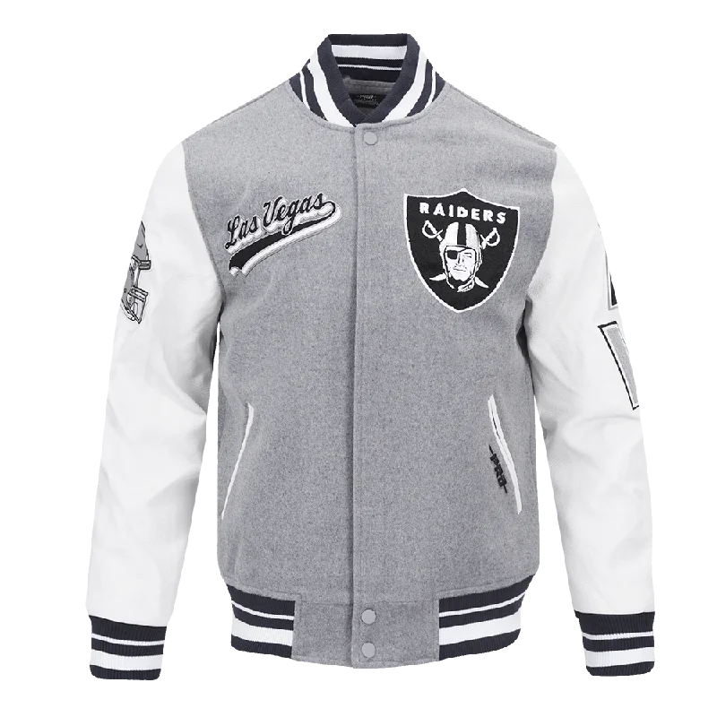 men's high-performance jackets -NFL LAS VEGAS RAIDERS SCRIPT TAIL MEN'S RIB WOOL VARSITY JACKET (HEATHER GREY/WHITE/BLACK)