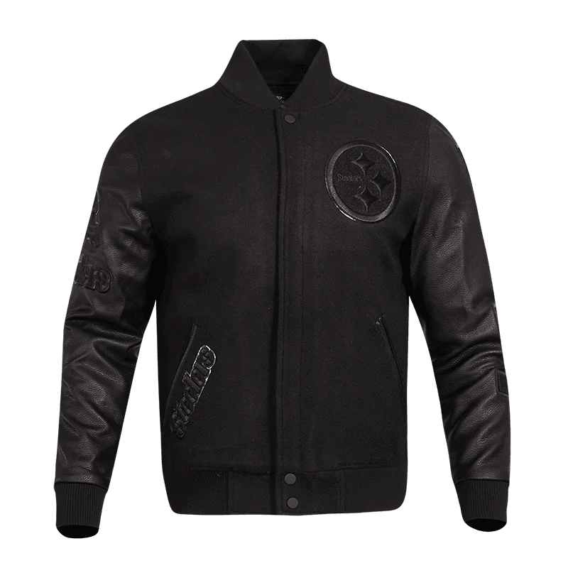 men's casual blazers -NFL PITTSBURGH STEELERS TRIPLE BLACK LOGO MEN'S VARSITY JACKET (TRIPLE BLACK)