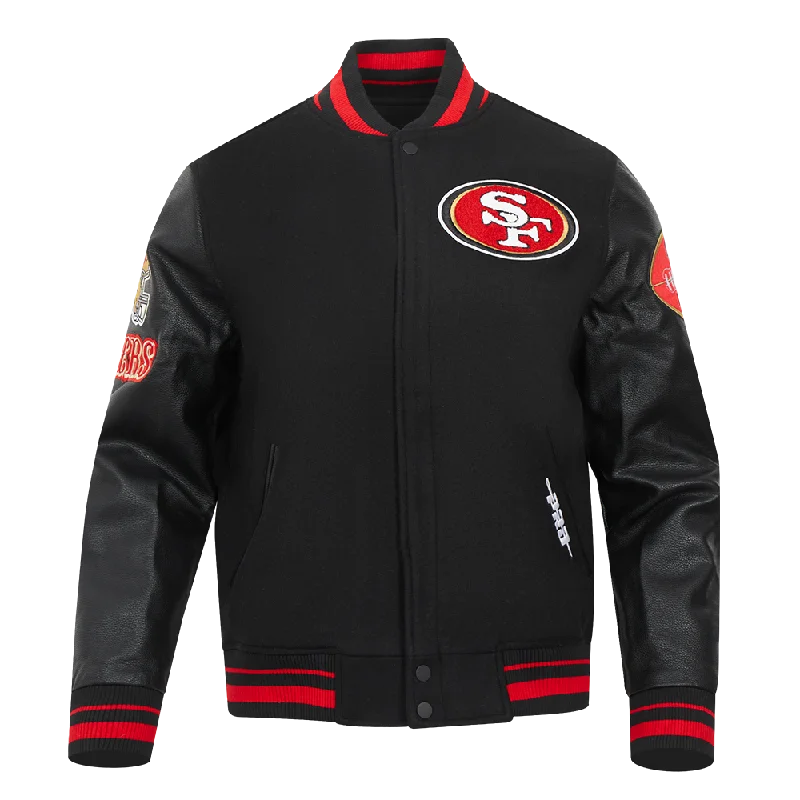 men's classic leather jackets -NFL SAN FRANCISCO 49ERS OLD ENGLISH MEN'S RIB WOOL VARSITY JACKET (BLACK/RED/BLACK)