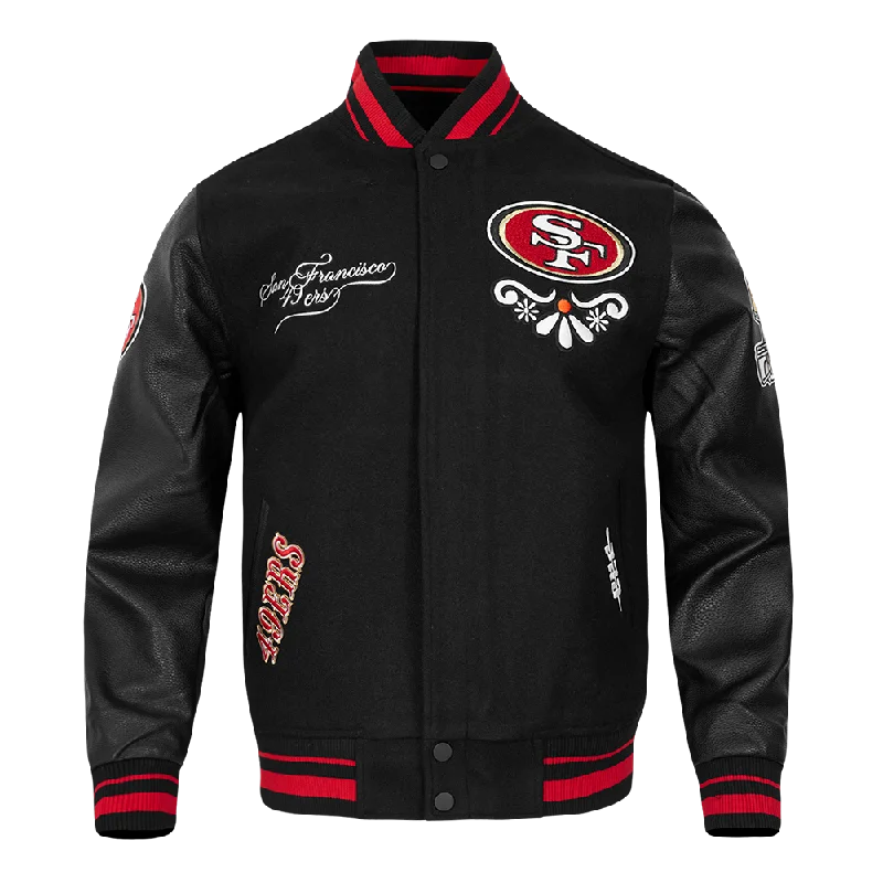 men's trench jackets for winter -NFL SAN FRANCISCO 49ERS SUGAR SKULL MEN'S RIB WOOL VARSITY JACKET (BLACK/RED/BLACK)