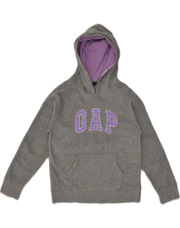 men's workout sweatshirt hoodies -GAP Girls Graphic Fleece Hoodie Jumper 12-13 Years XL Grey Polyester