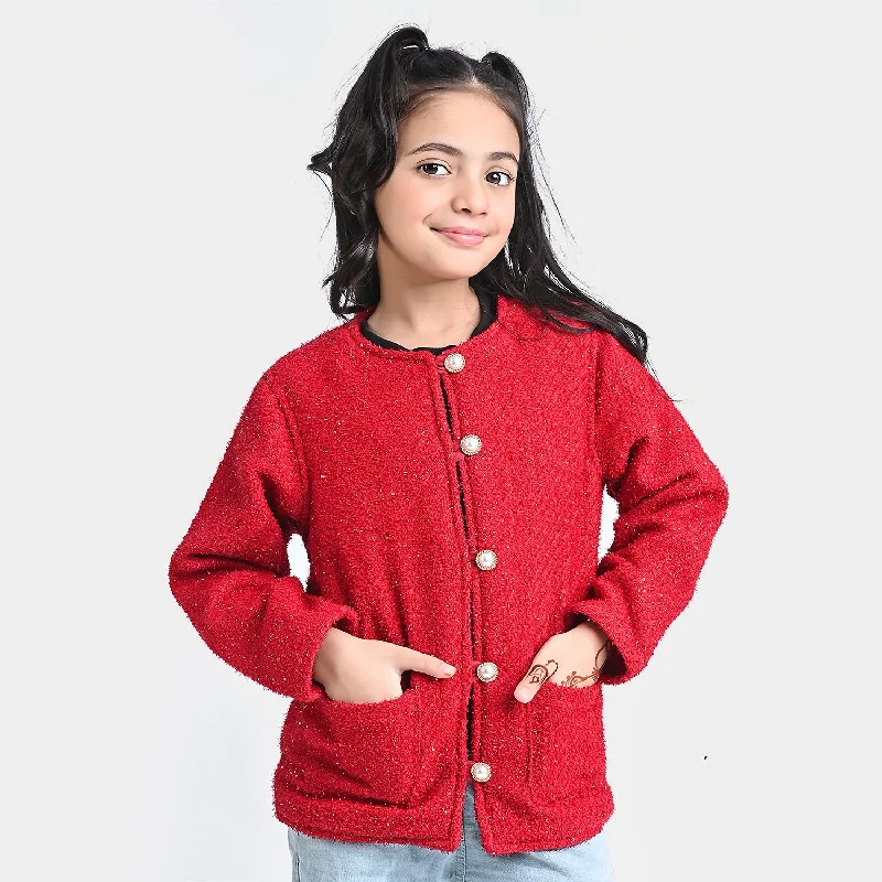 men's travel jackets -Girls Cotton Twill Jacket Fancy-Red