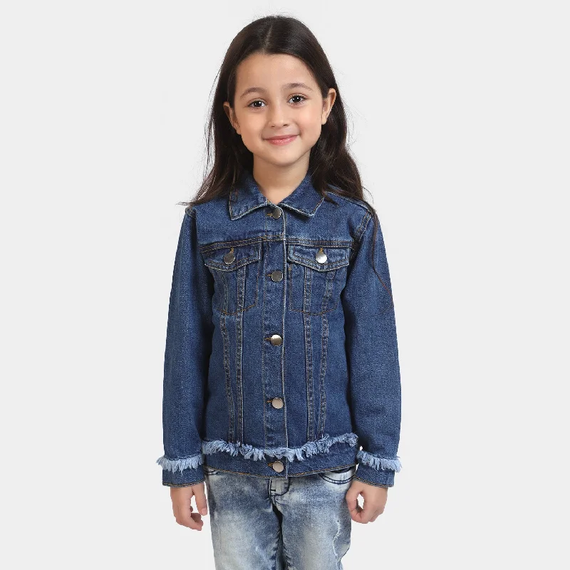 men's windbreaker jackets -Girls Denim Jacket Fringes-DARK BLUE