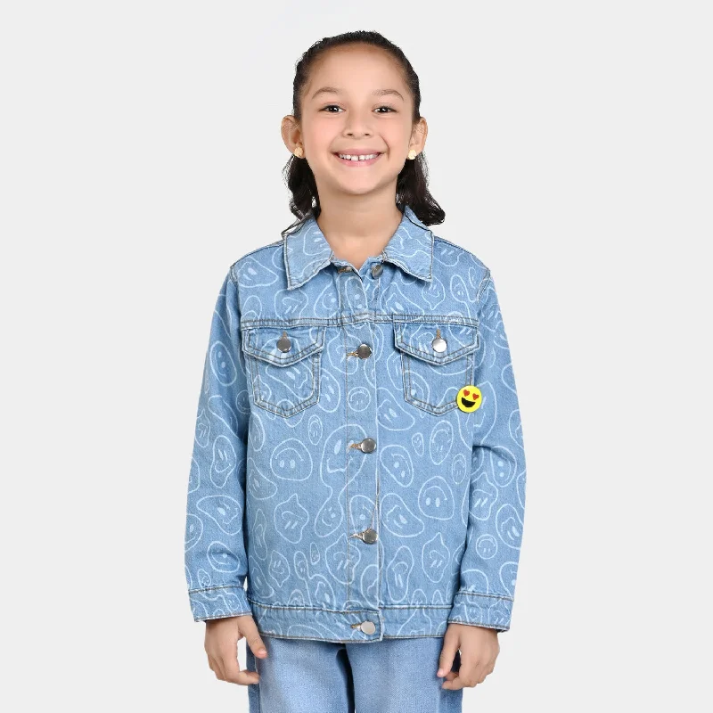 men's bomber jackets -Girls Denim Jacket Smiley-Mid Blue