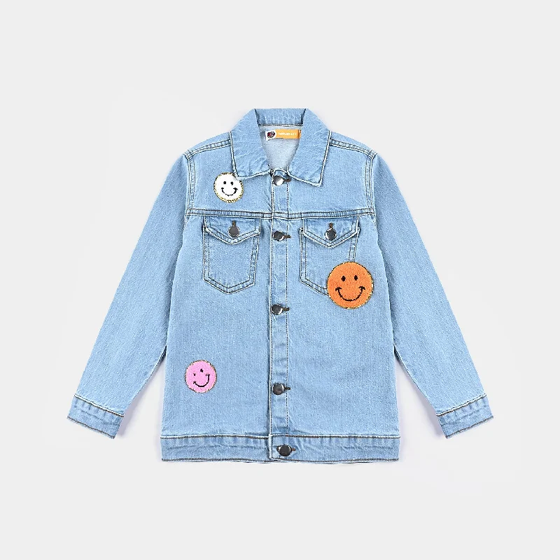 men's sporty jackets -Girls Denim rigid Jacket Smiley-Ice Blue