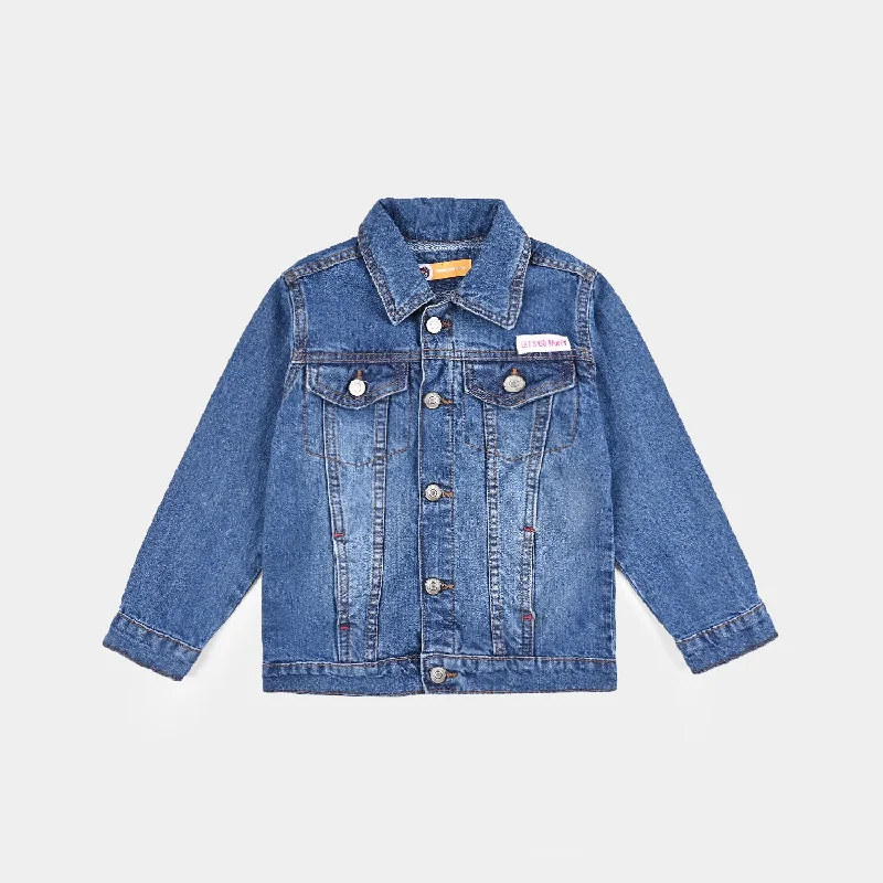 men's fleece-lined jackets -Girls Denim rigid Woven Jacket-Mid Blue