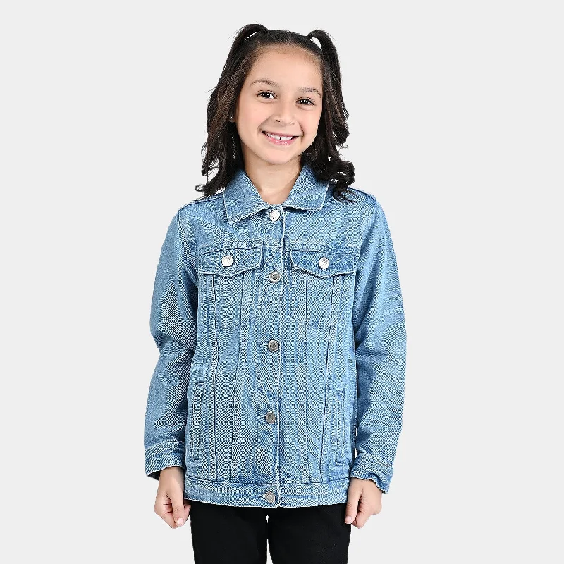 men's classic leather jackets -Girls Denim rigid Woven Jacket Basic-Ice Blue