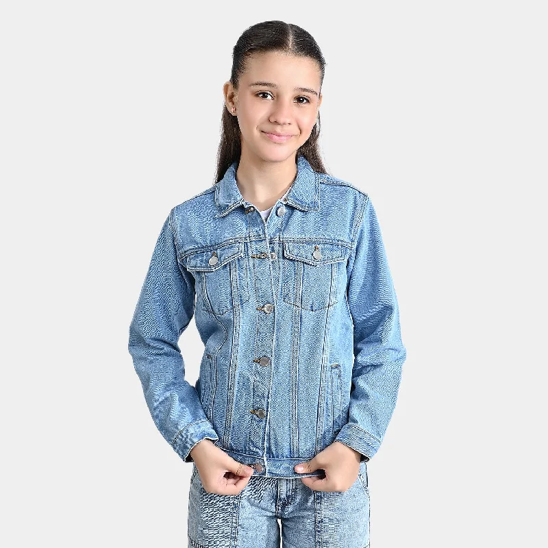 men's lightweight outdoor jackets -Girls Denim rigid Woven Jacket Basic-LT.Blue