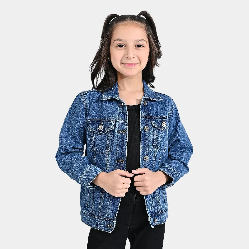 men's stylish denim jackets -Girls Denim rigid Woven Jacket Basic-Mid Blue