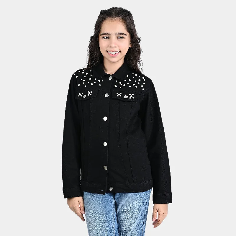 men's vintage jackets -Girls Denim rigid Woven Jacket Black Pearls