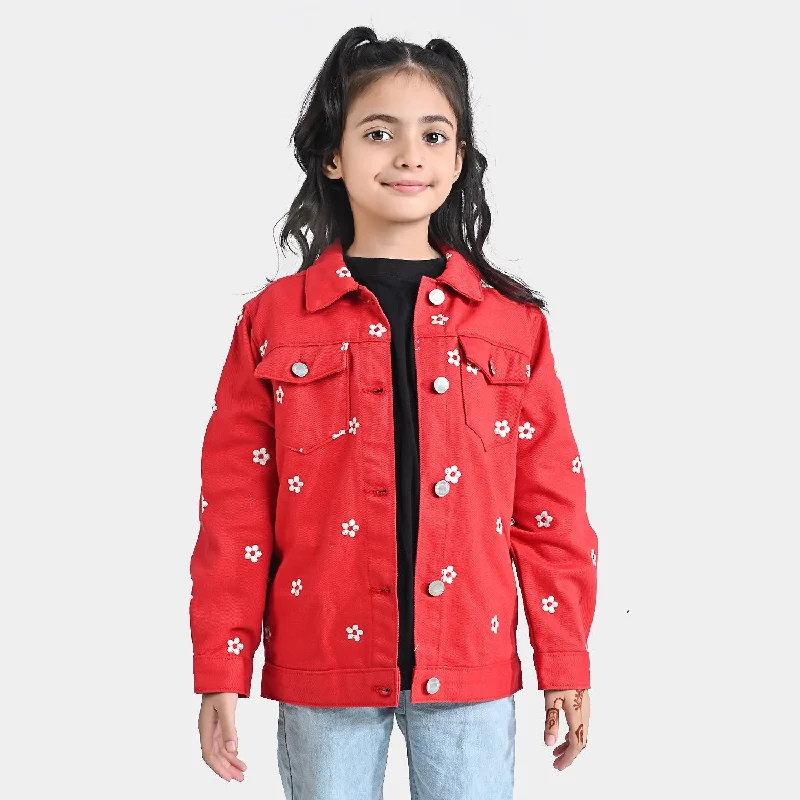 men's wind-resistant jackets -Girls Denim rigid Woven Jacket Embroidery Floral-H.R.Red